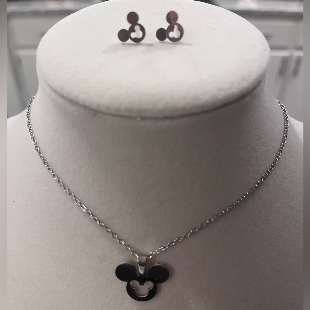 Mickey Mouse Necklace and Earrings Set in Stainless Steel. Gold or Silver Tone.